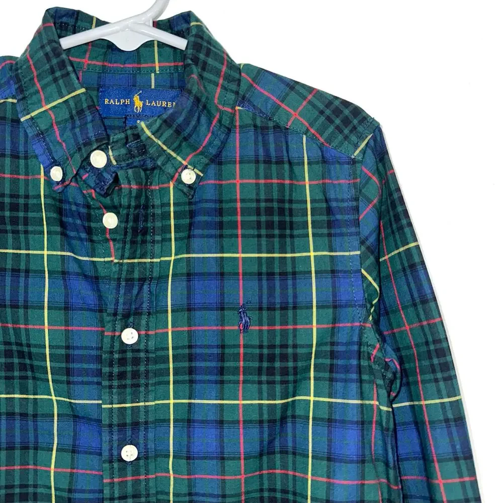 Ralph Lauren Boys Green Blue Check Button Down Long Sleeve Cotton Shirt Size 5